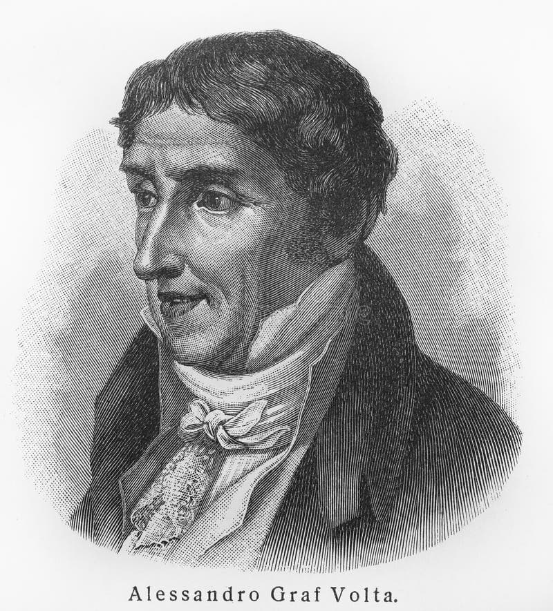 Alessandro Volta, Alessandro Volta (1745 - 1827) was an Italian physicist known especially for the invention of the battery in 1800. Sketch from an 100 years old encyclopedia book.