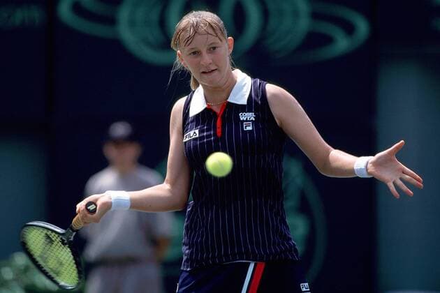 Mirjana Lucic (Kroatien) schlägt eine Vorhand Tennis Damen Lipton Open 1998, WTA, WTA-Tour, Hardcourt, Hartplatz, Miami Einzelbild Key Biscayne Dynamik,