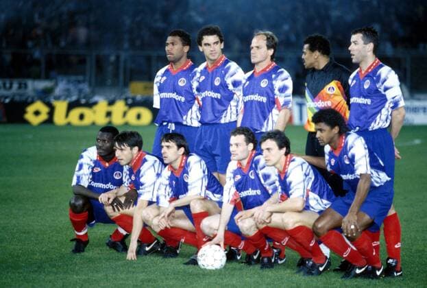 Paris St.Germain vor dem Halbfinale: H.R.v.l.: Kambouare, Ricardo Gomes, Germain, Torwart Bernard Lama, Paul Le Guen, v.R.v.l.: George Weah, Fournier, Colleter, Vincent Guerin, David Ginola, Valdo Fußball EC 3 Herren UEFA Cup, Saison 1992 1993, Europapokal, Europacup, UEFA-Pokal, Totale Stadio delle Alpi Turin