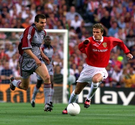 Markus Babbel (Bayern, li.) gegen David Beckham (ManU) Fußball EC 1 Herren Champions League 1998 1999, Finale, Endspiel, Manchester United (England) - FC Bayern München 2:1 Gruppe Stadion Nou Camp Barcelona Dynamik, Anstrengung, Kampf,