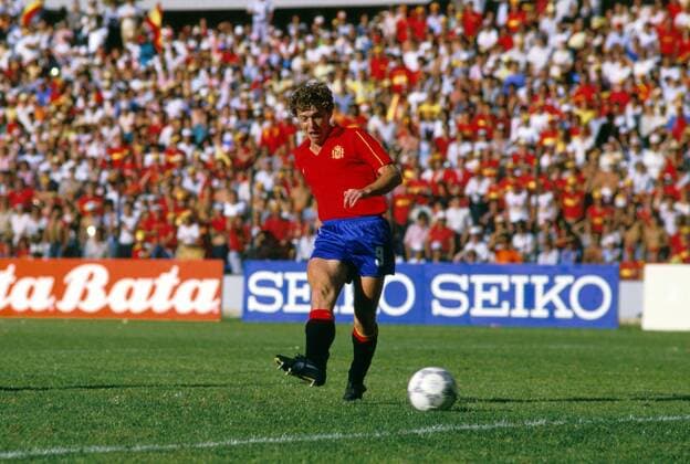Emilio Butragueno (Spanien), El butre - Der Geier, - der vierfache Torschütze - beim Torschuß Fußball WM Herren Weltmeisterschaft 1986, Länderspiel: Spanien, Achtelfinale Einzelbild Queretaro Dynamik,