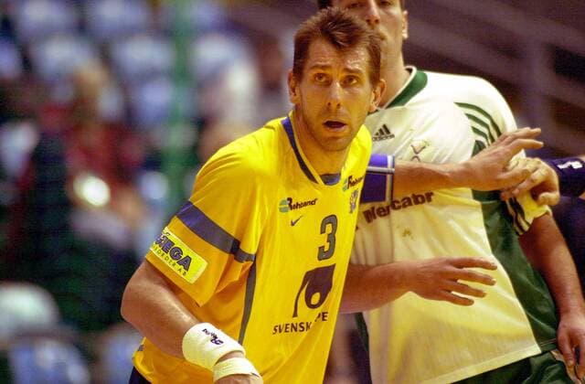 Magnus Wislander (Schweden, li.) Handball EM Herren Europameisterschaft 2000, Nationalmannschaft, Nationalteam, Nationaltrikot Einzelbild Zagreb