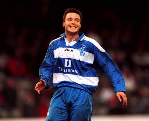 Markus Beierle (MSV) lacht Fußball 1. BL Herren 1. Revier-Masters 2000, Saison 1999 2000, MSV Duisburg, Winterpause, Turnier Einzelbild Niederrheinstadion Oberhausen Freude,