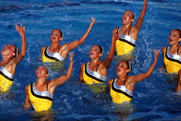 Das griechische Team im Wasser Synchronschwimmen EM Damen Europameisterschaft 1999, Schwimmsport, Synchronschwimmen, Synchronschwimmsport, Synchron, Schwimmen Gruppe Istanbul Dynamik,