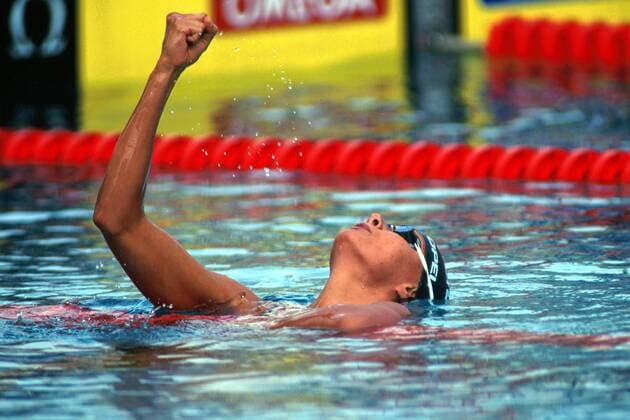 Franziska van Almsick (Deutschland) ballt die Faust Schwimmen EM Damen Europameisterschaft 1995, Schwimmsport Totale Wien Glück, Freude, Begeisterung,