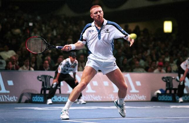 Boris Becker (Deutschland) - Vorhand Tennis WM Herren ATP-Finale 1995, Weltmeisterschaft, Tour, Halle, Indoor, Hallentennis, Hallenturnier, Hallenboden Einzelbild Festhalle Frankfurt M.