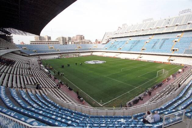 Fußball, Stadiongeschichte FC Valencia Estadio Mestalla - Innenansicht Fußball EC 1 Herren Champions League 1999 2000, FC Valencia, Halbfinale, Primera Division, 1. Spanische Liga Totale Estadio Mestalla Valencia Weite, Leere,  