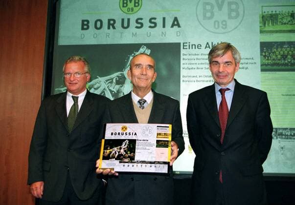 V.li.: Präsident Dr. Gerd Niebaum, Vizepräsident Ernst G. Breer und Manager Michael Meier (alle BVB) mit der BVB-Aktie Fußball 1. BL Herren Saison 2000 2001, Borussia Dortmund, Vneg, Börsengang, Börse, Wirtschaft, Wertanlage, Geldanlage, Gruppe Frankfurter Börse, Fußballaktie, Fußballaktien, Frankfurt M.