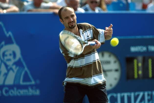 Andre Agassi (USA) - Vorhand Tennis Herren US Open 1995, Grand Slam, ATP-Tour, Hartplatz, Hardcourt, Hartplatztennis, Hartplatzturnier Einzelbild Flushing Meadow New York Dynamik