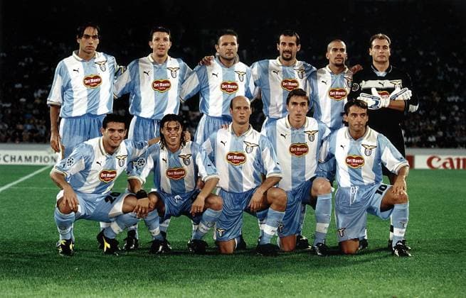 Mannschaftsbild Lazio, hinten v. li.: Alessandro Nesta, Paolo Negro, Sinisa Mihajlovic, Giuseppe Pancaro, Juan Sebastian Veron, Luca Marchegiani; vorn: Dejan Stankovic, Matias Almeyda, Attilio Lombardo, Alen Boksic, Roberto Mancini Fußball EC 1 Herren Champions League 1999 2000, Leverkusen - Lazio Rom (Italien) 1:1 Totale BayArena Leverkusen