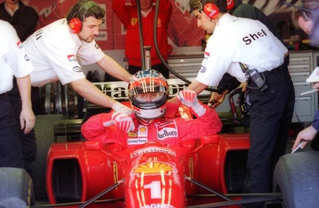 Michael Schumacher (Deutschland Ferrari) im Cockpit seines Boliden Motorsport Grand Prix Herren Großer Preis von Spanien 1996, Formel 1, F1, F, GP, Weltmeisterschaft, Vdia Gruppe Circuit de Catalunya Barcelona