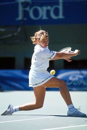 Steffi Graf (Deutschland) - Rückhand Tennis Damen Australian Open 1989, Grand Slam, WTA-Tour, Hartplatz, Hardcourt, Hartplatzturnier, Hartplatztennis Einzelbild Flinders Park Melbourne Dynamik,