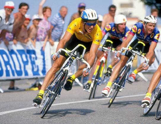 Greg LeMond (USA Gan) trägt beim Mannschaftszeitfahren Gelb Radsport Herren Tour de France 1991, Straßenradsport, Radrennsport, Straßenradrennsport, Rad, Straße Einzelbild Bron - Chassieu Eurexpo