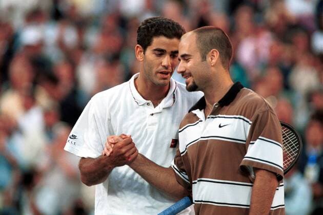 Pete Sampras (li.) und Andre Agassi (beide USA) mit shakehands Tennis Herren US Open 1995, Grand Slam, ATP-Tour, Hartplatz, Hardcourt, Hartplatztennis, Hartplatzturnier Gruppe Flushing Meadow New York Freude,
