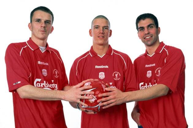 V.li.: Dietmar Hamann, Christian Ziege und Markus Babbel (alle FC Liverpool) Fußball Herren English Premier League 2000 2001, 1. Englische Liga, FC Liverpool, Vdia Gruppe Liverpool