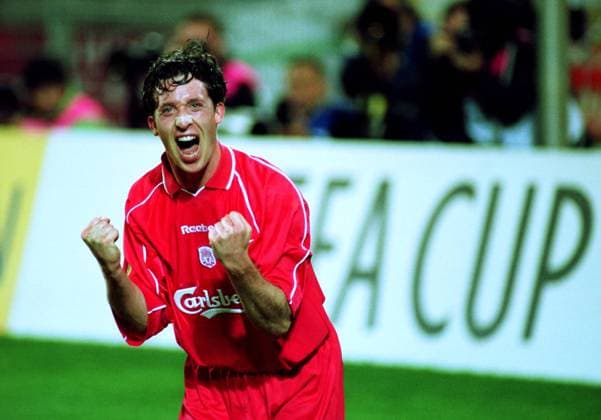 Robbie Fowler (Liverpool) - Torjubel Fußball EC 3 Herren UEFA-Cup 2000 2001, Pokal, Europapokal, Europacup, Liverpool FC (England), Vneg Einzelbild Westfalenstadion Dortmund Begeisterung, Freude,
