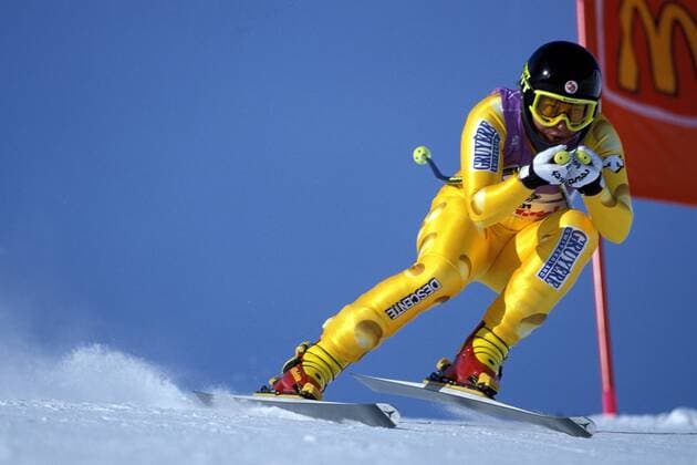 Corinne Rey Bellet (Schweiz) Alpiner Skilauf Damen Weltcup 1995 1996, Welt-Cup, Worldcup, World, WC, Ski Alpin, Skisport, Abfahrt Einzelbild St. Anton Dynamik,