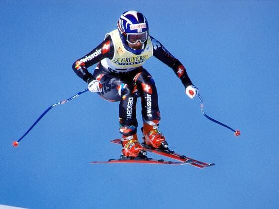 Corinne Rey Bellet (Schweiz) Alpiner Skilauf Damen Weltcup 2001 2002, WC, Worldcup, Welt-Cup, World, Ski Alpin, Skisport, Abfahrt Einzelbild St. Moritz, St.Moritz Dynamik, Höhe,