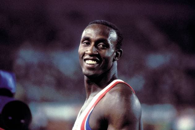 Linford Christie (Großbritannien) Leichtathletik EM Herren Europameisterschaft 1986, 100m, 100 m, Meter, Sprint, Kurzstrecke Einzelbild Gottlieb-Daimler-Stadion Stuttgart Freude