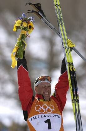 Olympiasieger Johann Mühlegg (Spanien) Nordischer Skilauf OS Winter Herren Olympische Winterspiele 2002, Olympia, Olympiade, Spiele, Ski nordisch, Skisport, Langlauf, Vdig Einzelbild Soldier Hollow Salt Lake City Utah Glück, Freude,