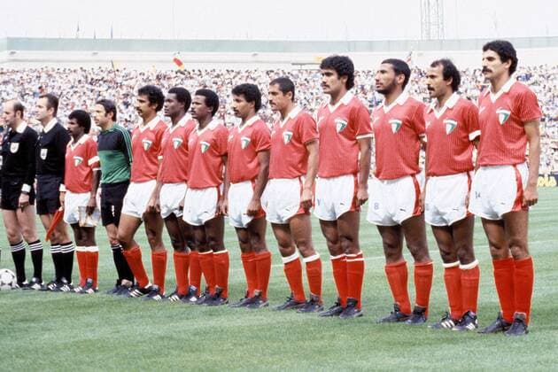 Mannschaftsfoto Kuwait: Abdullah Mayoof, Abdul Al Anbari, Abdullah Al Buloushi, Faisal Al Dakheel, Mohammad Ahmed, Jasem Sultan, Saed Al Houti, Naeem Mubarak, Mahboud Mubarak, Torwart Ahmad Al Tarabolsi und Waleed Al-Jasem Mubarak Fußball WM Herren Weltmeisterschaft 1982, Länderspiel, Nationalmannschaft, Nationalteam Totale Estadio Jose Zorrilla Valladolid