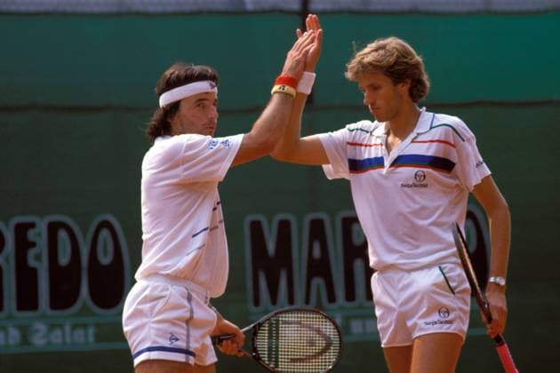 Emilio Sanchez (li.) und Sergio Casal (beide Spanien) Tennis WM Herren 14. Peugeot World-Team-Cup 1994, WTC, ATP-Tour, Sand, Sandplatz, Sandplatztennis, Sandplatzturnier Gruppe Rochus-Club Düsseldorf