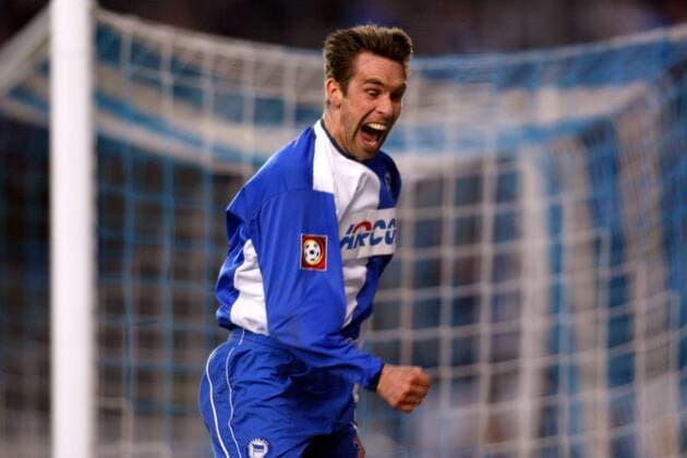 Michael Preetz (Hertha) - Freudenschrei nach dem 1:0 Fußball 1. BL Herren Saison 2001 2002, Hertha BSC Berlin Einzelbild Olympiastadion Berlin Begeisterung, Freude,