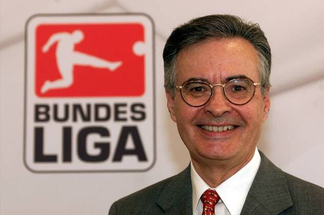 Wilfried Straub (Vorsitzender der DFL-GmbH-Geschäftsführung) präsentiert das Logo für die kommende Saison Fußball 1. BL Herren Deutsche Fußball Liga 2002, Vorstellung, Präsentation, Pressetermin, PK, Pressekonferenz, Vdig Porträt Frankfurt M.
