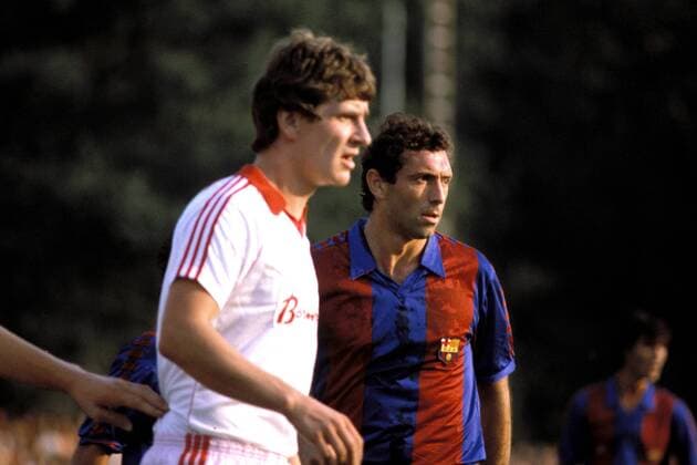 Enrique Quini Castro (Barca, re.) Fußball Herren Primera Division 1982 1983, 1. Spanische Liga, FC Barcelona, Saisonvorbereitung, Test, Testspiel Gruppe