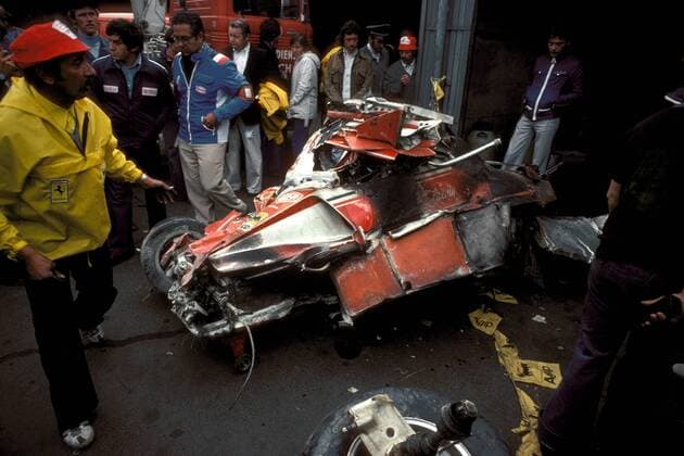 Überreste des Ferrari-Boliden von Niki Lauda (Österreich) nach seinem schwerem Unfall Motorsport Grand Prix Herren Großer Preis von Deutschland 1976, Formel 1 Weltmeisterschaft, F1, F, GP, WM, Vdia Einzelbild Nürburgring Nürburg