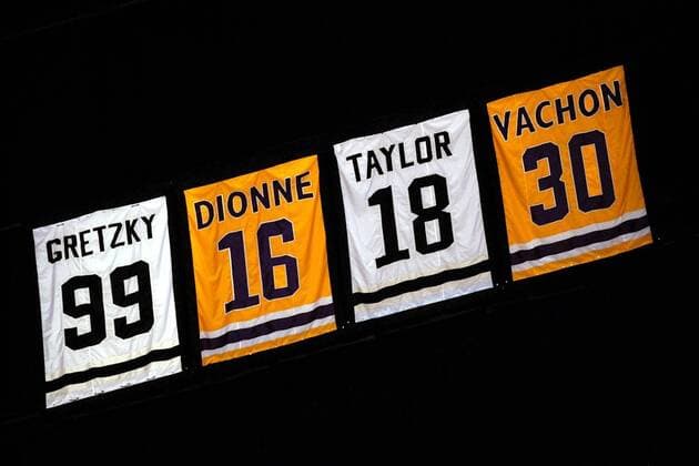 Die verewigten Trikotnummern ehemaliger Los Angeles Kings Spieler unter dem Hallendach des Staples Centers, v. li.: Wayne Gretzky, Marcel Dionne, Dave Taylor und Rogie Vachon Eishockey Herren NHL 2002 2003, Los Angeles Kings Einzelbild Staples Center Los Angeles, L.A., L. A., LA, L A