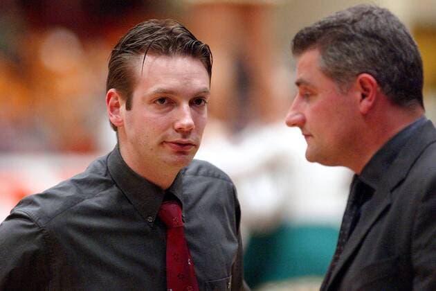 Bundestrainer Olaf Lange (li.) und Co-Trainer Olaf Stolz (beide Deutschland) Basketball Länderspiel Damen Qualifikation 2002, Europameisterschaftsqualifikation, Nationalmannschaft, Nationalteam Gruppe AnhaltArena Dessau