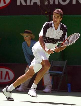 Mario Ancic (Kroatien) Tennis Herren Australian Open 2003, Grand Slam, ATP-Tour, Hartplatz, Hardcourt, Hartplatztennis, Hartplatzturnier Einzelbild Melbourne Dynamik,