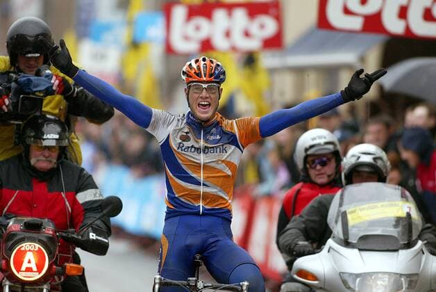 Roy Sentjens (Niederlande Rabobank) - Siegesjubel Radsport Herren Kuurne - Brüssel - Kuurne 2003, Radrennsport, Straßenradsport, Straßenradrennsport, Radrennen Einzelbild Freude, Begeisterung,
