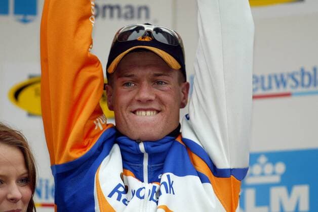Roy Sentjens (Niederlande Rabobank) - Siegerehrung Radsport Herren Kuurne - Brüssel - Kuurne 2003, Radrennsport, Straßenradsport, Straßenradrennsport, Radrennen Porträt Glück, Freude, Begeisterung,