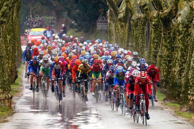 Das Peloton auf einer nassen Allee Radsport Herren 70. Paris - Nizza 2003, Radrennsport, Straßenradsport, Straßenradrennsport, Radrennen, 7. Etappe Totale  