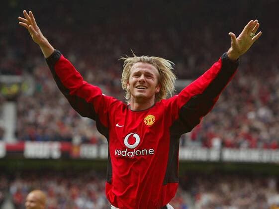 David Beckham (ManU) - Torjubel Fußball Herren English Premier League 2002 2003, 1. Englische Liga, Manchester United, Vdig Einzelbild Manchester Freude, Begeisterung,