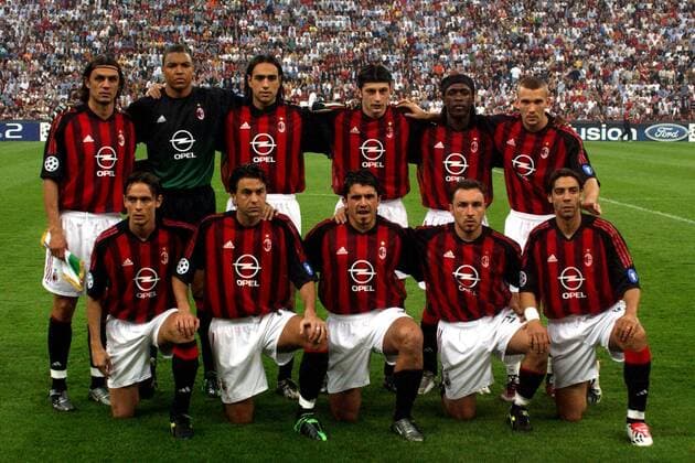 Mannschaftsfoto Milan, hinten v. li.: Paolo Maldini, Torwart Dida, Alessandro Nesta, Kakha Kaladze, Clarence Seedorf, Andrej Schewtschenko, vorn: Filippo Inzaghi, Alessandro Costacurta, Gennaro Gattuso, Cristian Brocchi und Manuel Rui Costa Fußball EC 1 Herren Champions League 2002 2003, AC Mailand, Halbfinale, Vdig, Torwart, Mannschaftsbild Totale Mailand