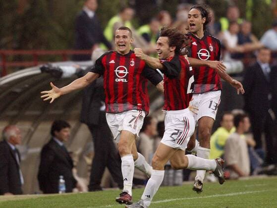 Torjubel Milan, v. li.: Andrej Schewtschenko, Andrea Pirlo und Alessandro Nesta Fußball EC 1 Herren Champions League 2002 2003, AC Mailand, Halbfinale, Vdig Gruppe Mailand Begeisterung, Freude,