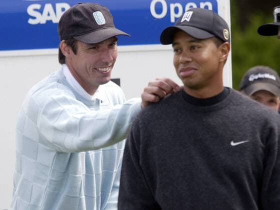Eldrick Tiger Woods (re., USA) und Tennisspieler Michael Stich (Deutschland) Golf Herren Deutsche Bank SAP Open Pro-Am 2003, ProAm, Prominentengolf, Golfen, Vdig Gruppe Gut Kaden Hamburg Alveslohe
