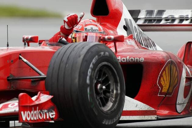 Michael Schumacher (Deutschland Ferrari) jubelt in seinem Boliden Motorsport Grand Prix Herren Großer Preis von Kanada 2003, Formel 1 Weltmeisterschaft, F1, F, GP, WM, Vdig Einzelbild Montreal Freude,