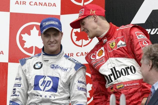 Ralf Schumacher (li., BMW-Williams) und Michael Schumacher (beide, Deutschland Ferrari) - Siegerehrung Motorsport Grand Prix Herren Großer Preis von Kanada 2003, Formel 1 Weltmeisterschaft, F1, F, GP, WM, Vdig Gruppe Montreal Freude,