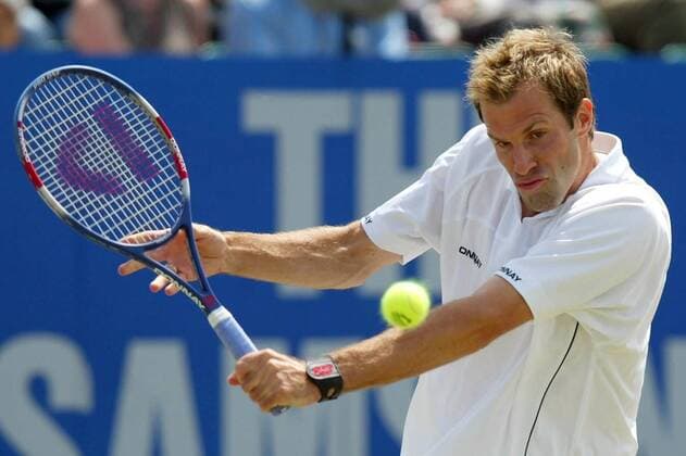 Greg Rusedski (England) - Rückhand Tennis Herren Samsung Open 2003, ATP-Tour, Vdig, Finale, Endspiel, Einzelbild Nottingham
