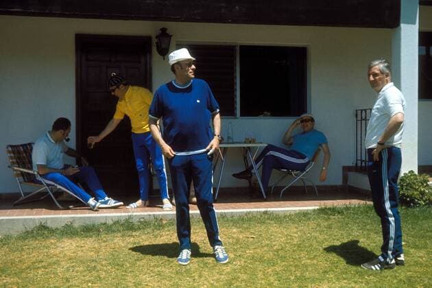 Bundestrainer Helmut Schön (li.) und Co-Trainer Jupp Derwall (BR Deutschland) im Mannschaftsquartier Fußball WM Herren Weltmeisterschaft 1970, Nationalmannschaft, Nationalteam, BRD, Nationalmannschaftstraining Gruppe Aufnahmedatum geschätzt Leon