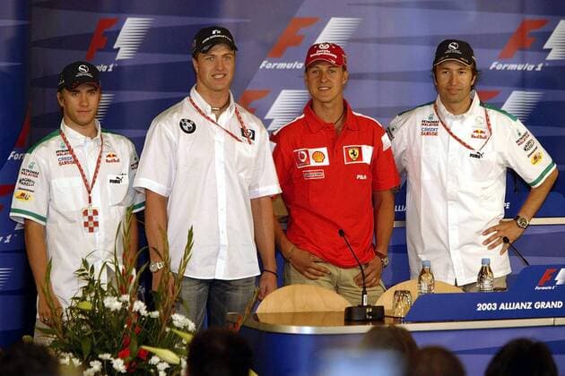 Die deutschen Fahrer der Formel 1 in der Pressekonferenz zum Großen Preis von Europa 2003, v. li.: Nick Heidfeld (Sauber-Petronas), Ralf Schumacher (BMW-Williams), Michael Schumacher (Ferrari), Heinz-Harald Frentzen (Sauber-Petronas) Motorsport Grand Prix Herren Großer Preis von Europa 2003, Formel 1 Weltmeisterschaft, F1, F, GP, WM Gruppe Nürburgring Nürburg