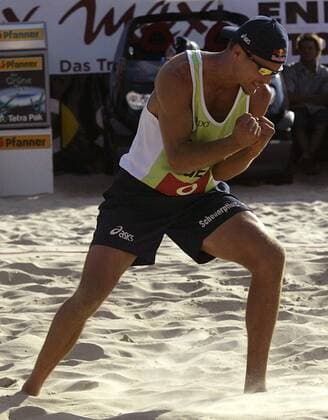 Andreas Scheuerpflug (Deutschland) - Jubel Beachvolleyball Herren Swatch-FIVB World Tour 2003, Vodafone Grand Slam, Worldtour, Beach Einzelbild Berlin Freude,