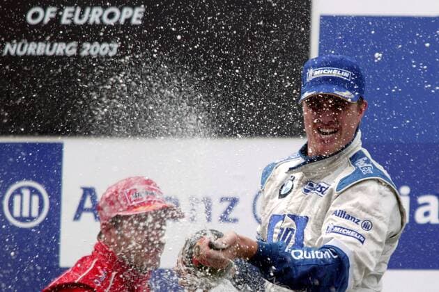 Ralf Schumacher (re., Deutschland BMW-Williams) - Siegesjubel Motorsport Grand Prix Herren Großer Preis von Europa 2003, Formel 1 Weltmeisterschaft, F1, F, GP, WM, Vdig Einzelbild Nürburgring Nürburg Freude,