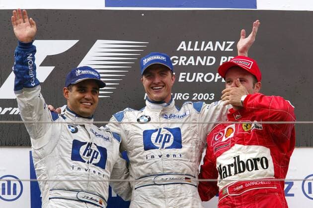 Siegerehrung: Sieger Ralf Schumacher (Mitte, Deutschland), Zweiter Juan Pablo Montoya (li., Kolumbien beide BMW-Williams) und Rubens Barrichello (Brasilien Ferrari) Motorsport Grand Prix Herren Großer Preis von Europa 2003, Formel 1 Weltmeisterschaft, F1, F, GP, WM, Vdig Gruppe Nürburgring Nürburg Freude,