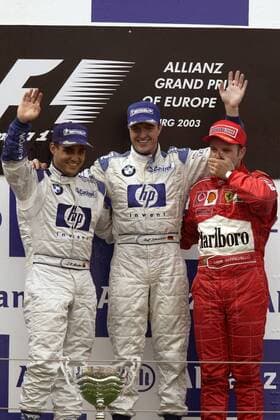 Siegerehrung: Sieger Ralf Schumacher (Deutschland), Zweiter Juan Pablo Montoya (Kolumbien beide BMW-Williams) und Rubens Barrichello (Brasilien Ferrari) Motorsport Grand Prix Herren Großer Preis von Europa 2003, Formel 1 Weltmeisterschaft, F1, F, GP, WM , Vdig Gruppe Nürburgring Nürburg Freude,