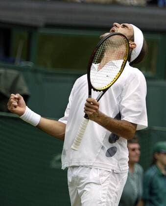 Roger Federer (Schweiz) - Jubel Tennis Herren All England Championships 2003, Grand Slam, ATP-Tour, Halbfinale, Vdig Einzelbild Wimbledon London Glück, Begeisterung, Freude,
